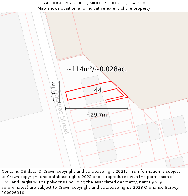 44, DOUGLAS STREET, MIDDLESBROUGH, TS4 2GA: Plot and title map