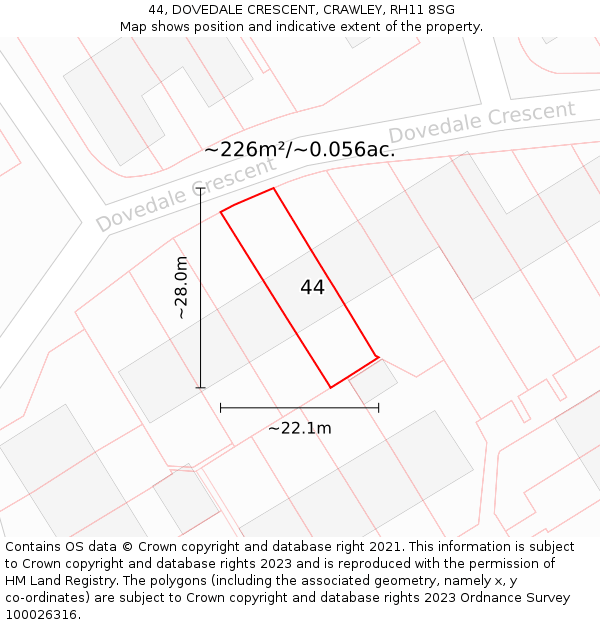 44, DOVEDALE CRESCENT, CRAWLEY, RH11 8SG: Plot and title map