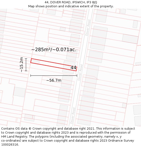 44, DOVER ROAD, IPSWICH, IP3 8JQ: Plot and title map
