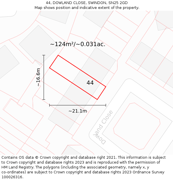 44, DOWLAND CLOSE, SWINDON, SN25 2GD: Plot and title map