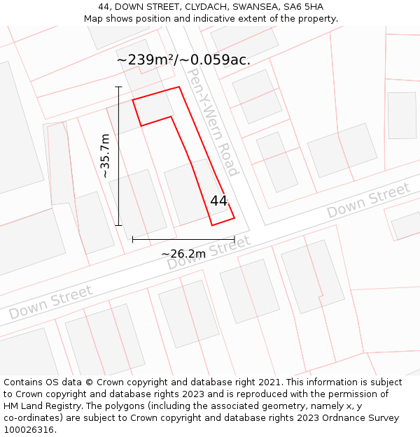 44, DOWN STREET, CLYDACH, SWANSEA, SA6 5HA: Plot and title map