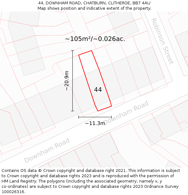 44, DOWNHAM ROAD, CHATBURN, CLITHEROE, BB7 4AU: Plot and title map