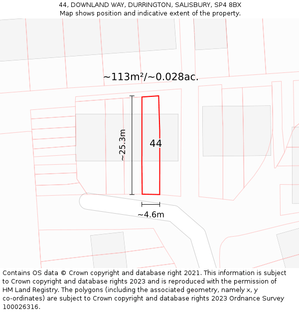 44, DOWNLAND WAY, DURRINGTON, SALISBURY, SP4 8BX: Plot and title map