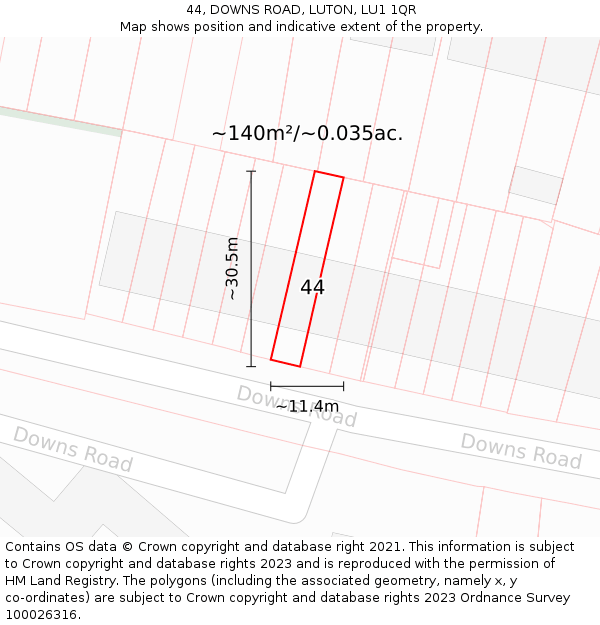 44, DOWNS ROAD, LUTON, LU1 1QR: Plot and title map