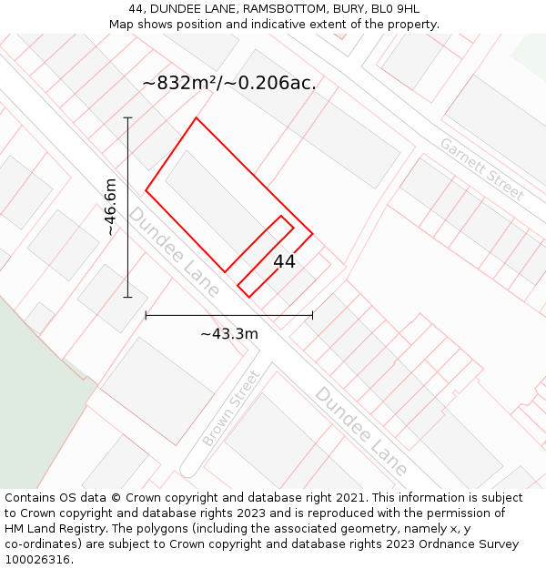 44, DUNDEE LANE, RAMSBOTTOM, BURY, BL0 9HL: Plot and title map