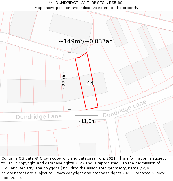 44, DUNDRIDGE LANE, BRISTOL, BS5 8SH: Plot and title map