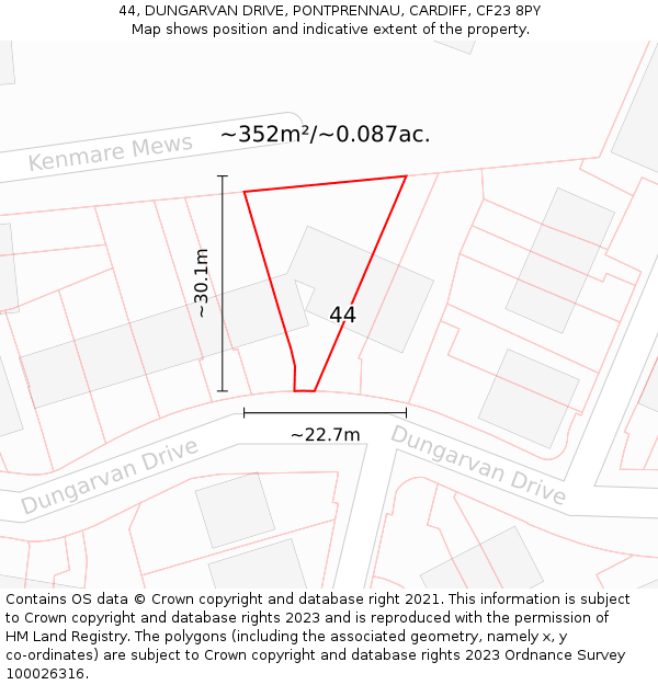 44, DUNGARVAN DRIVE, PONTPRENNAU, CARDIFF, CF23 8PY: Plot and title map