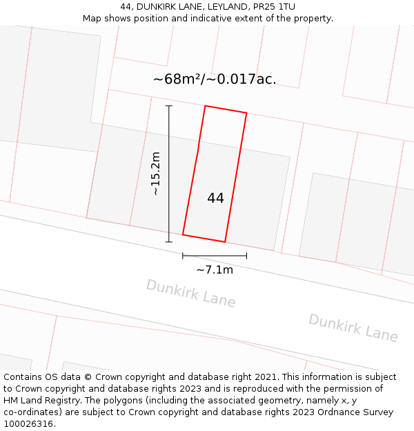 44, DUNKIRK LANE, LEYLAND, PR25 1TU: Plot and title map