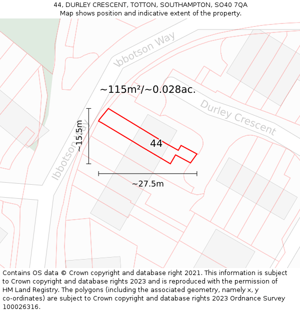 44, DURLEY CRESCENT, TOTTON, SOUTHAMPTON, SO40 7QA: Plot and title map