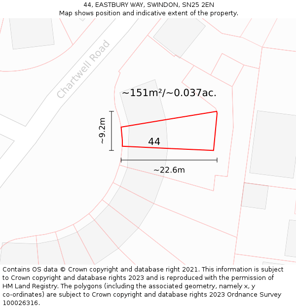 44, EASTBURY WAY, SWINDON, SN25 2EN: Plot and title map