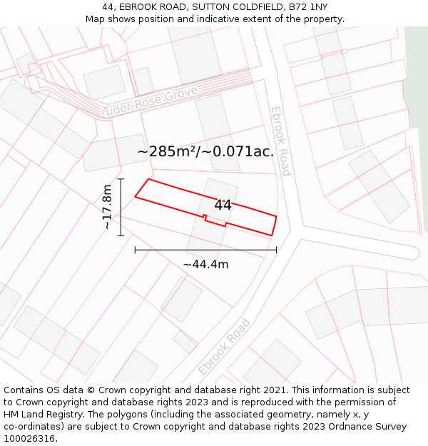 44, EBROOK ROAD, SUTTON COLDFIELD, B72 1NY: Plot and title map