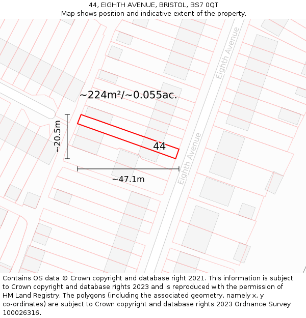 44, EIGHTH AVENUE, BRISTOL, BS7 0QT: Plot and title map