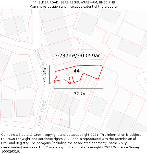 44, ELDER ROAD, BERE REGIS, WAREHAM, BH20 7NB: Plot and title map