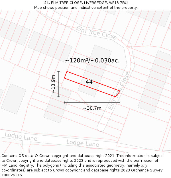 44, ELM TREE CLOSE, LIVERSEDGE, WF15 7BU: Plot and title map