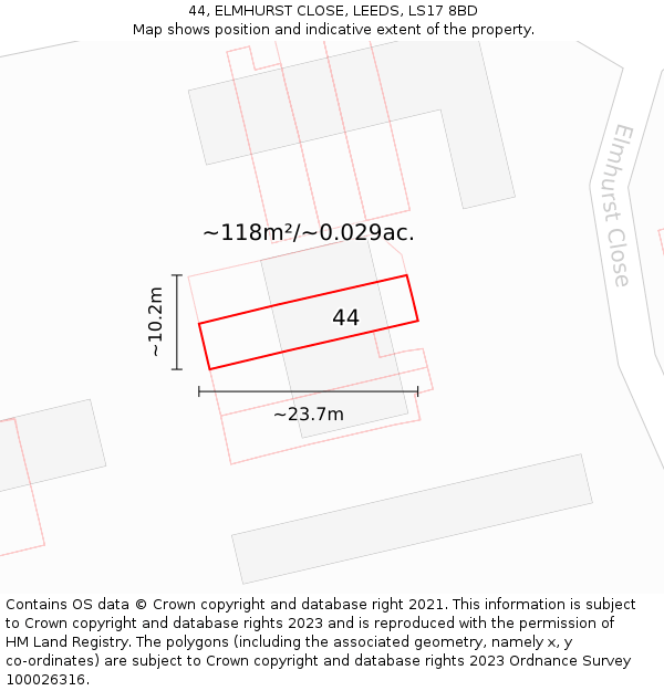 44, ELMHURST CLOSE, LEEDS, LS17 8BD: Plot and title map