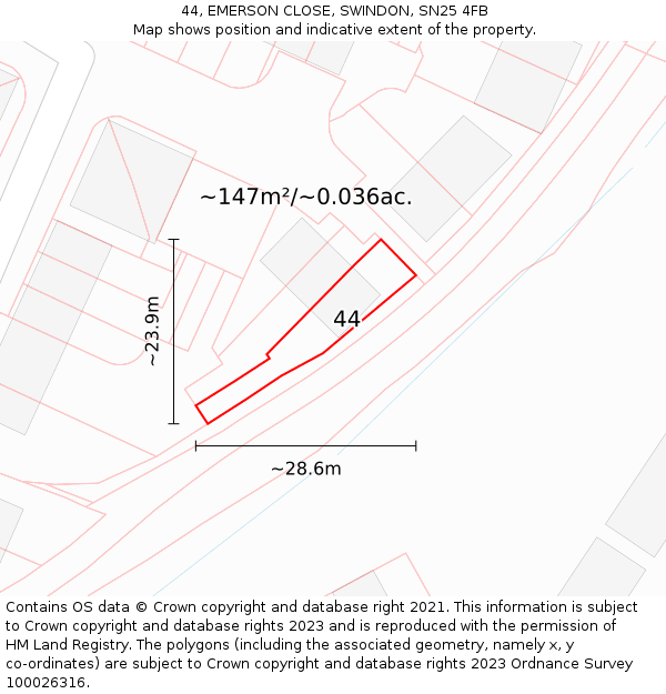 44, EMERSON CLOSE, SWINDON, SN25 4FB: Plot and title map