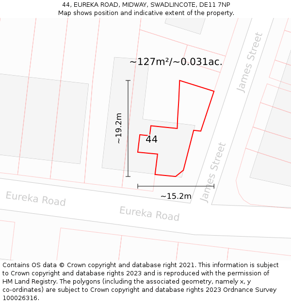 44, EUREKA ROAD, MIDWAY, SWADLINCOTE, DE11 7NP: Plot and title map