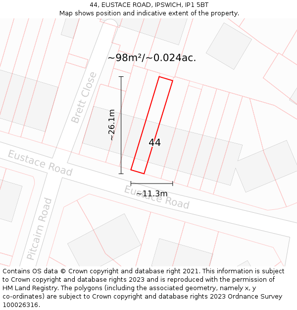 44, EUSTACE ROAD, IPSWICH, IP1 5BT: Plot and title map