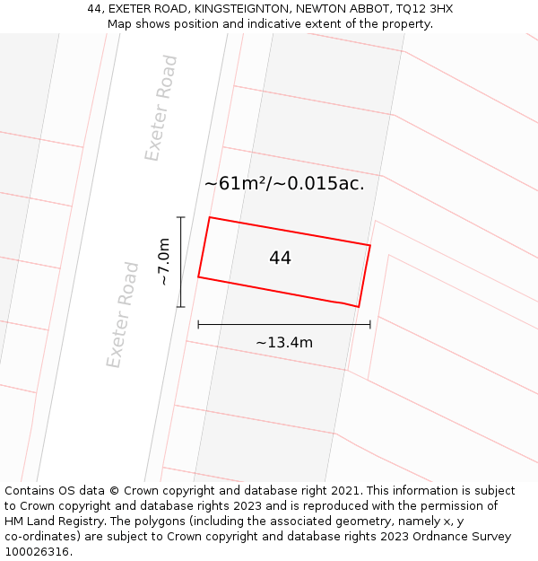 44, EXETER ROAD, KINGSTEIGNTON, NEWTON ABBOT, TQ12 3HX: Plot and title map