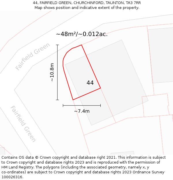 44, FAIRFIELD GREEN, CHURCHINFORD, TAUNTON, TA3 7RR: Plot and title map