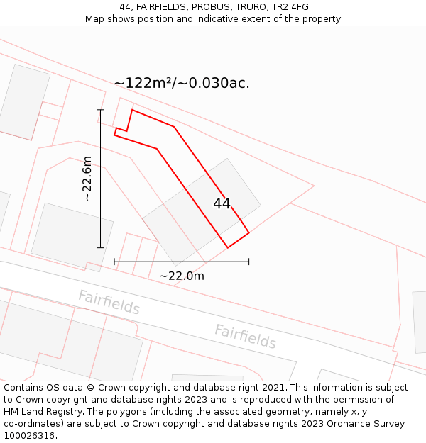 44, FAIRFIELDS, PROBUS, TRURO, TR2 4FG: Plot and title map