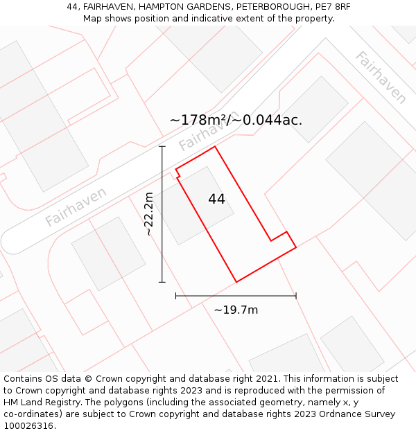 44, FAIRHAVEN, HAMPTON GARDENS, PETERBOROUGH, PE7 8RF: Plot and title map