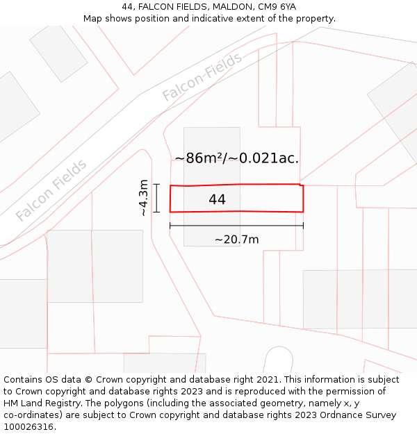 44, FALCON FIELDS, MALDON, CM9 6YA: Plot and title map