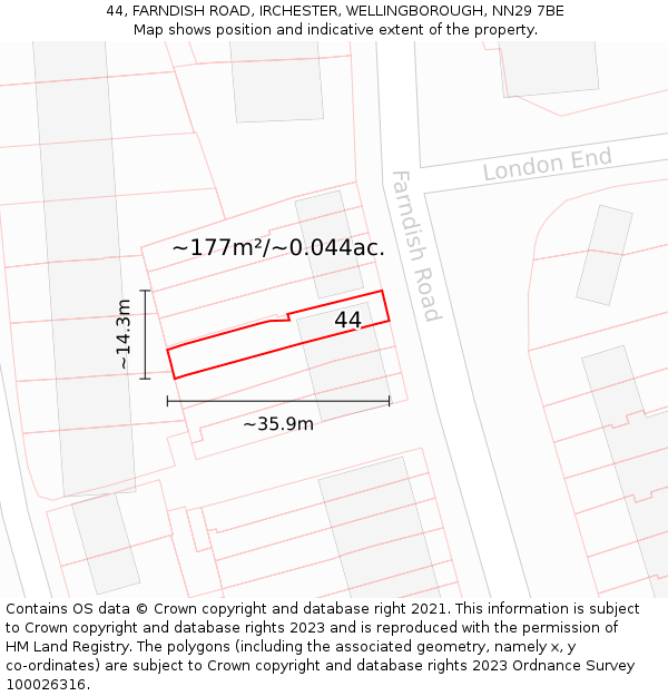 44, FARNDISH ROAD, IRCHESTER, WELLINGBOROUGH, NN29 7BE: Plot and title map
