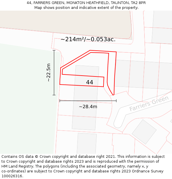 44, FARRIERS GREEN, MONKTON HEATHFIELD, TAUNTON, TA2 8PR: Plot and title map