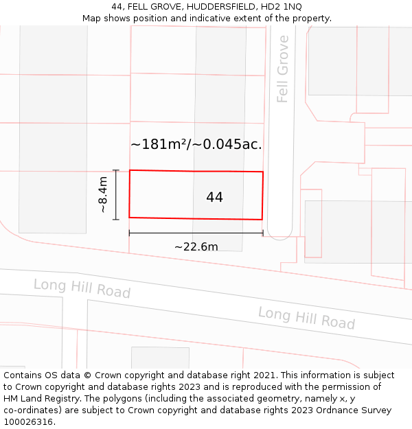 44, FELL GROVE, HUDDERSFIELD, HD2 1NQ: Plot and title map