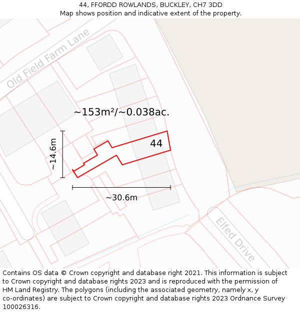 44, FFORDD ROWLANDS, BUCKLEY, CH7 3DD: Plot and title map