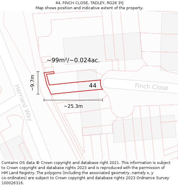 44, FINCH CLOSE, TADLEY, RG26 3YJ: Plot and title map