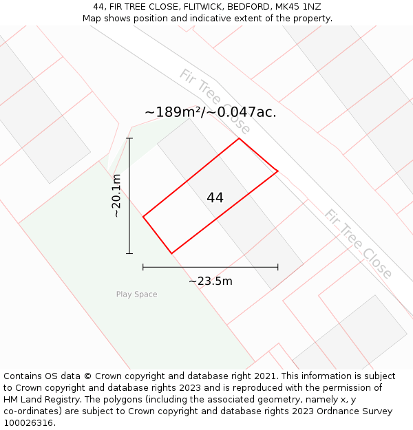 44, FIR TREE CLOSE, FLITWICK, BEDFORD, MK45 1NZ: Plot and title map