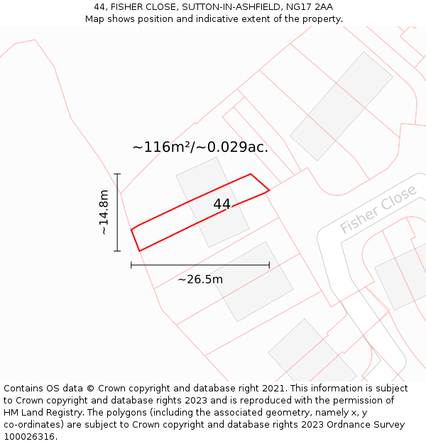 44, FISHER CLOSE, SUTTON-IN-ASHFIELD, NG17 2AA: Plot and title map