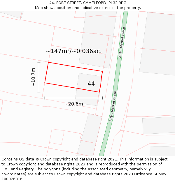 44, FORE STREET, CAMELFORD, PL32 9PG: Plot and title map