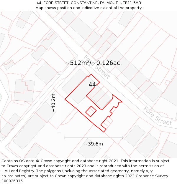 44, FORE STREET, CONSTANTINE, FALMOUTH, TR11 5AB: Plot and title map