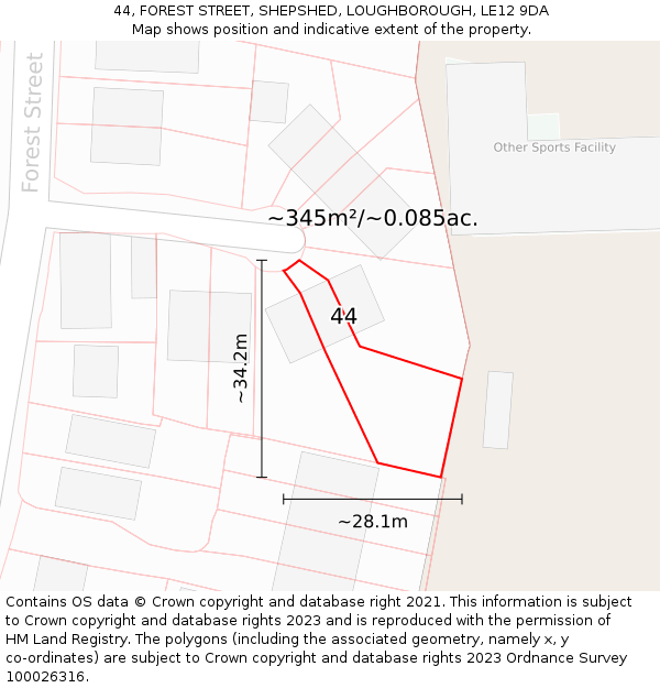 44, FOREST STREET, SHEPSHED, LOUGHBOROUGH, LE12 9DA: Plot and title map