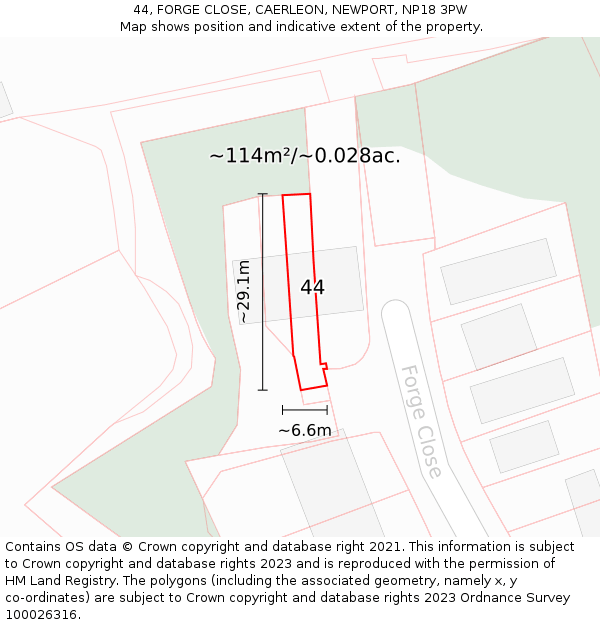 44, FORGE CLOSE, CAERLEON, NEWPORT, NP18 3PW: Plot and title map