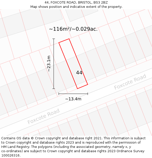 44, FOXCOTE ROAD, BRISTOL, BS3 2BZ: Plot and title map