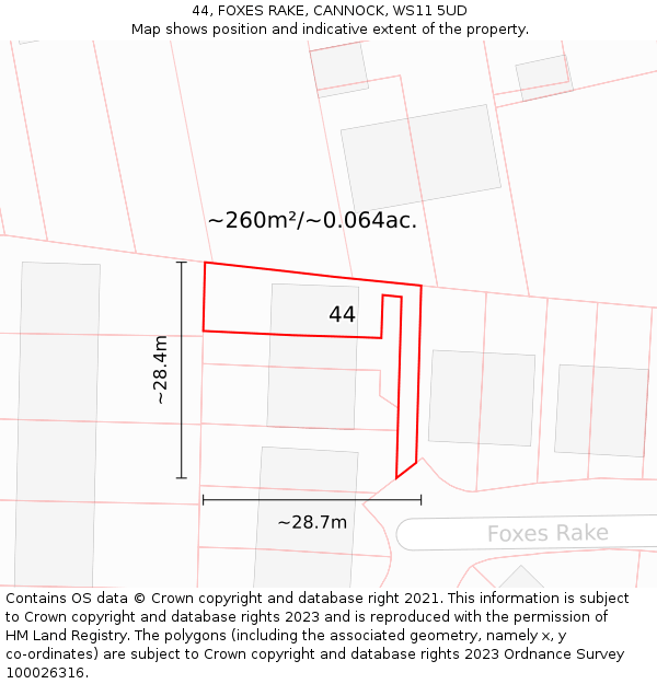 44, FOXES RAKE, CANNOCK, WS11 5UD: Plot and title map