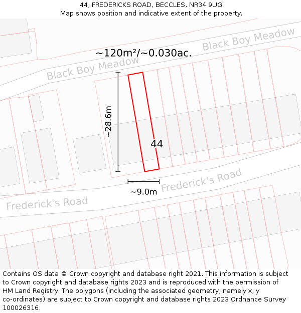 44, FREDERICKS ROAD, BECCLES, NR34 9UG: Plot and title map