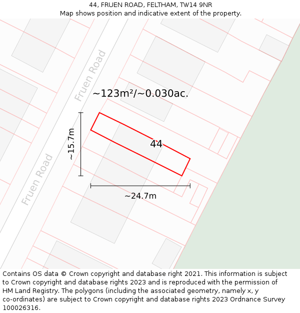 44, FRUEN ROAD, FELTHAM, TW14 9NR: Plot and title map