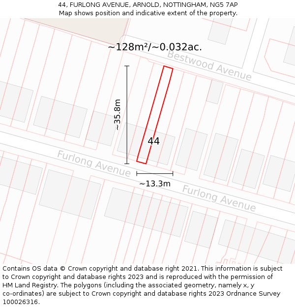 44, FURLONG AVENUE, ARNOLD, NOTTINGHAM, NG5 7AP: Plot and title map