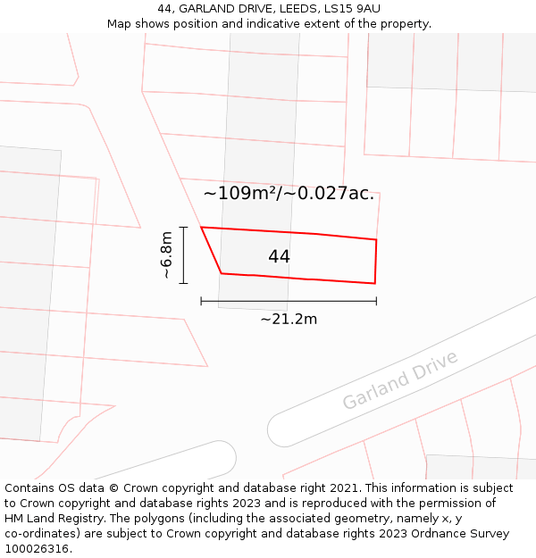 44, GARLAND DRIVE, LEEDS, LS15 9AU: Plot and title map