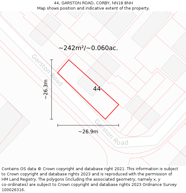 44, GARSTON ROAD, CORBY, NN18 8NH: Plot and title map