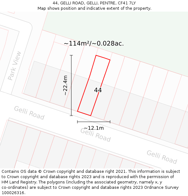 44, GELLI ROAD, GELLI, PENTRE, CF41 7LY: Plot and title map