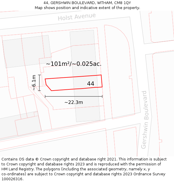 44, GERSHWIN BOULEVARD, WITHAM, CM8 1QY: Plot and title map