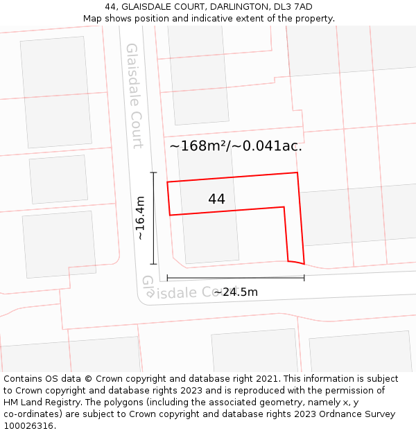 44, GLAISDALE COURT, DARLINGTON, DL3 7AD: Plot and title map