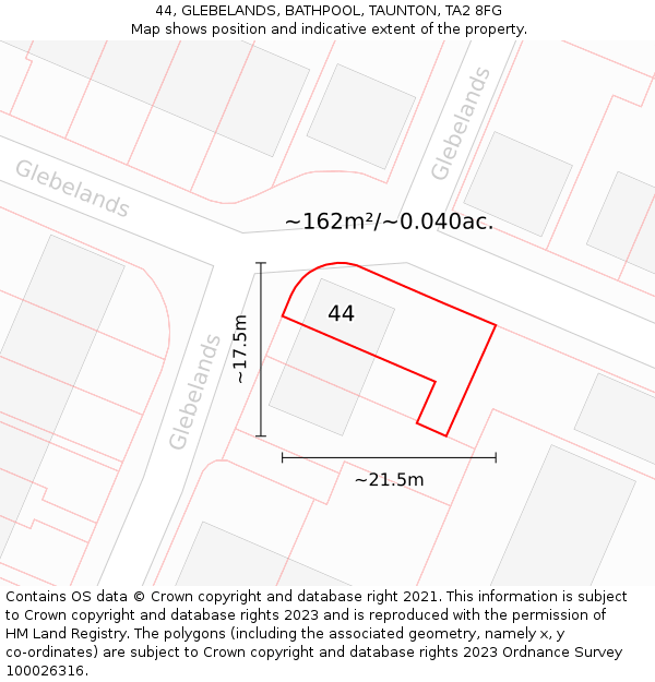 44, GLEBELANDS, BATHPOOL, TAUNTON, TA2 8FG: Plot and title map