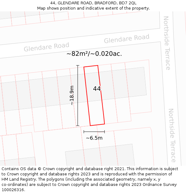 44, GLENDARE ROAD, BRADFORD, BD7 2QL: Plot and title map